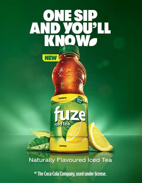 One_sipand_you_will_know On the left side of the image is the slogan and the right side has a bottle of FUZE with a banner that says new.
