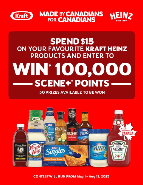 kraft_made-by-canadians-for-canadians The top has information about being Canadian, underneath is information about the contest and on the right side is a bunch of Kraft Heinz products.