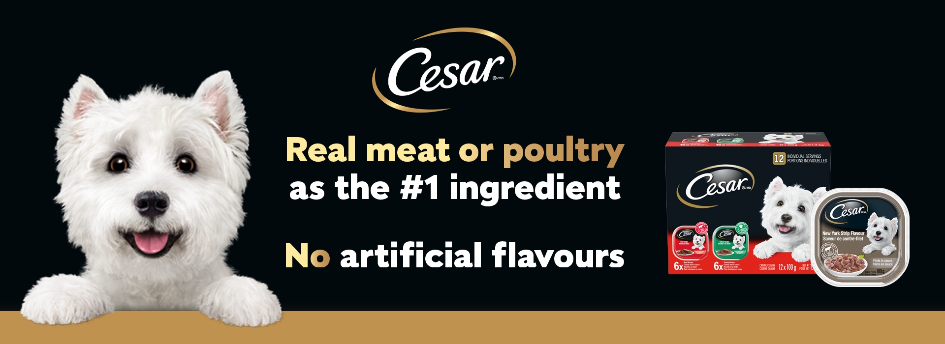 real_meat-or_poultry The left side has an image of a dog, with a slogan and the logo in the middle, and a box and single serving of food on the right.