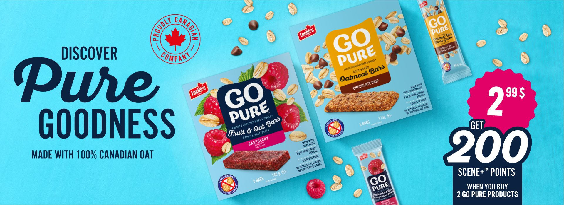 discover-pure-goodness Leclerc GO PURE bars featuring product images, a $2.99 price, and an offer to earn 200 Scene+ points when buying 2 items.