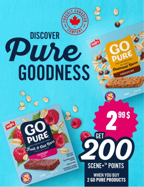 discover-pure-goodness_ Leclerc GO PURE bars featuring product images, a $2.99 price, and an offer to earn 200 Scene+ points when buying 2 items.