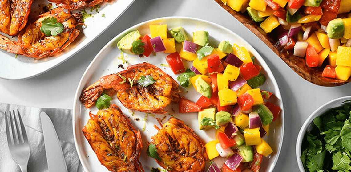 Overhead shot of grilled shrimp on a grey plate with a side of mango slaw. 