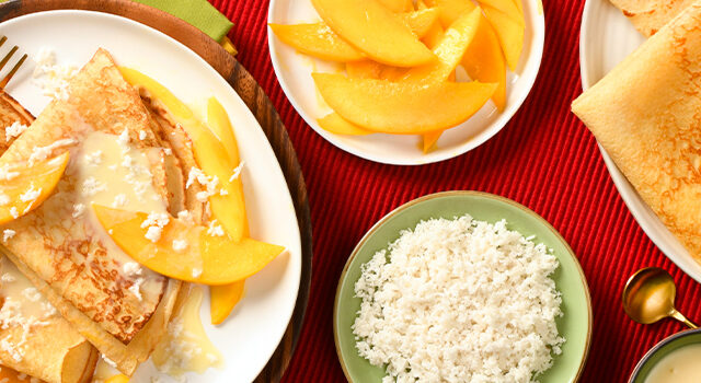Thin Egg Pancakes with Fresh Coconut and Mango