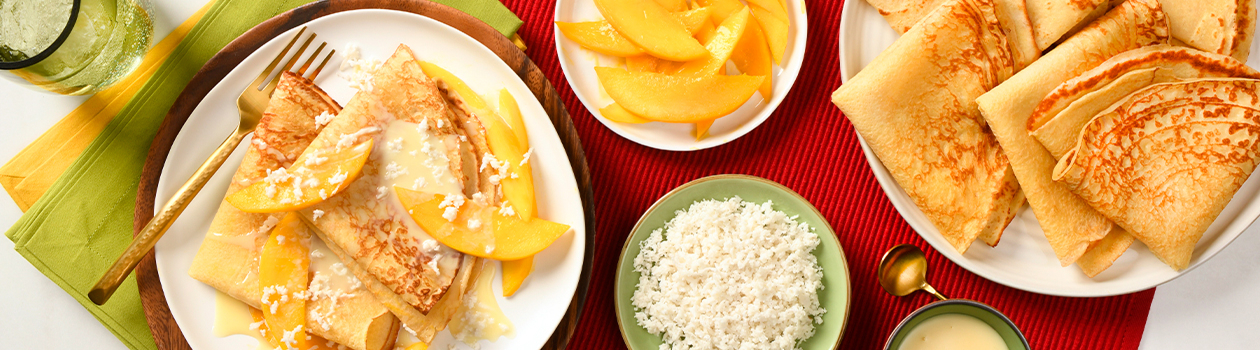 Thin Egg Pancakes with Fresh Coconut and Mango