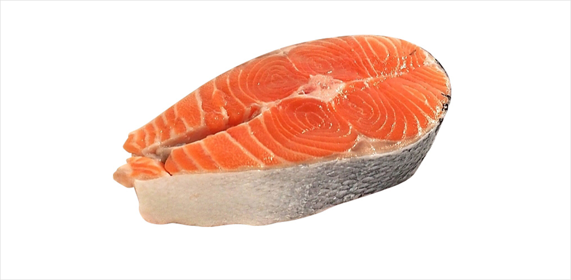 First-of-the-season-sockeye-salmon Raw sockeye salmon steak on white background