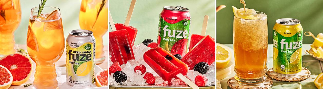 On the left, lemon iced tea is served in a tall glass with ice and rosemary; in the center, raspberry iced tea is transformed into fruity popsicles with berries; and on the right, lemon iced tea is served over crushed ice with a lemon twist. Each setup includes a can of Fuze Ice Tea next to the drink or treat.