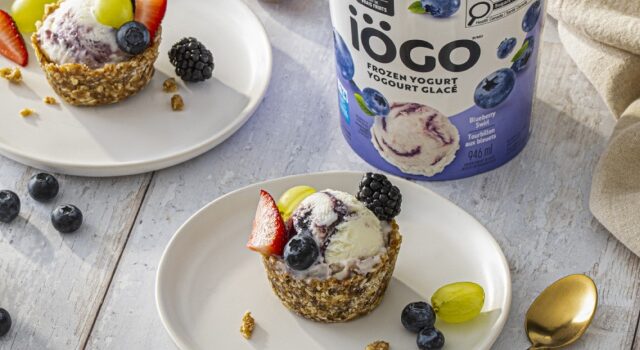 Two plates each hold a single iÖGO Blueberry Swirl Frozen Yogurt Mini Granola Tart, with a small bowl of fresh blueberries nearby.